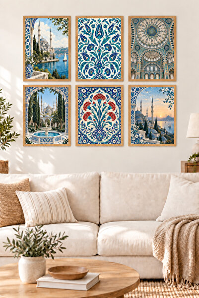 HOPE DİZAYN Osmanlı Cami ve Çini Desenli 6’lı Çerçeve Görünümlü MDF Duvar Tab...