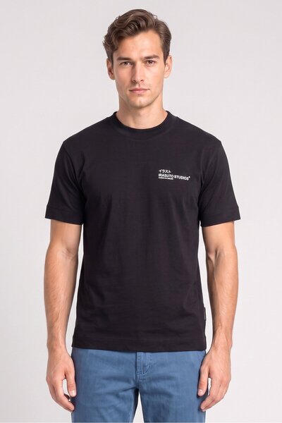 Irasuto Studios Men Crew Neck Short Sleeve Brand Logo T-Shirt, Black