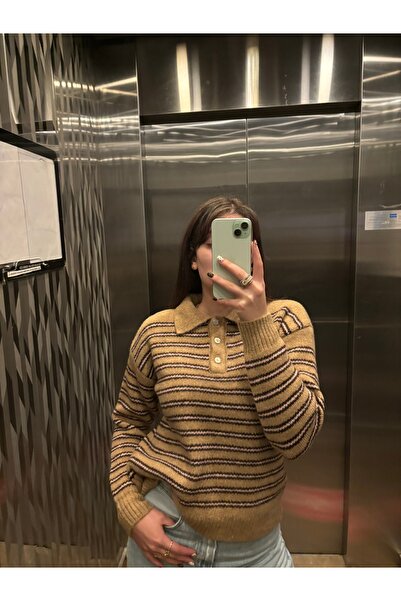 Basic Oversize Polo Yaka Yarım Pat Düğmeli Triko Kazak