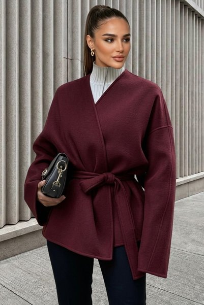 Aysan Moda Bordo Bağlama Detaylı Rahat Kalıp Kaşmir Hırka/Ceket