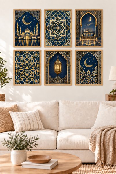 HOPE DİZAYN Lacivert Altın Hilal Cami Temalı 6’lı Çerçeve Görünümlü MDF Duvar...