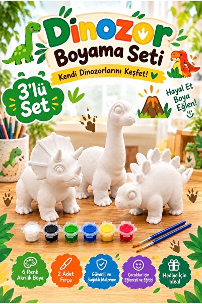 Genel Markalar Dinozor Boyama Seti 3'lü 6 Renk Akrilik Boya 2 Fırça Çocuk Hob...