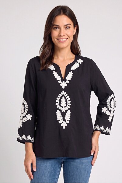 Chelsea & Theodore Women Split Neck Long Sleeve Embroidered Blouse, Black