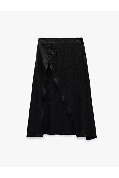 Koton Slit Asymmetrical Textured Midi Satin Skirt with Tie Detail and Gathere...