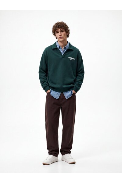 Ltb Regular Fit V-Neck Letter Printed Green Sweatshirt