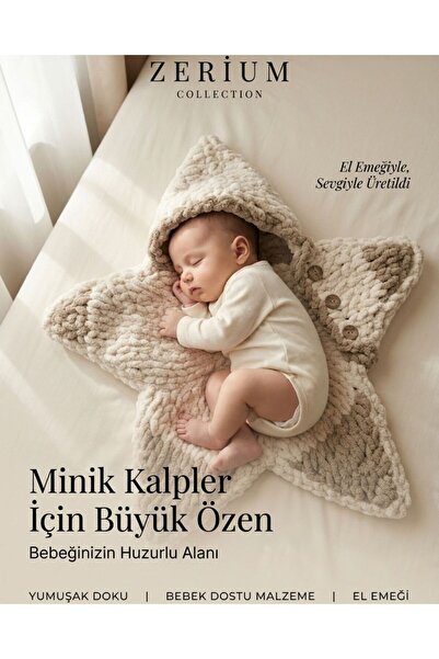 ZERİUM Bebek Uyku Kozası - Tulumu El Örgüsü Yıldız Model (3-6 Ay)
