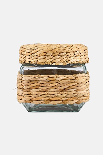 Gourmet Kitchen Natural Rush Square Glass Canister With Lid, Beige