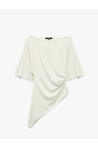 Koton Slim Fit Asymmetrical Cut Boat Neck Draped Short Sleeve Blouse