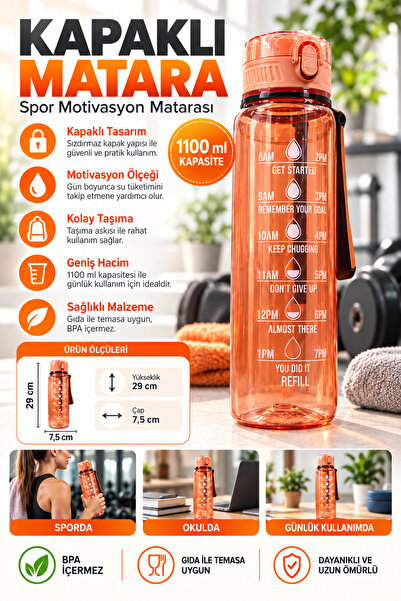 BYTA 1100 ml Motivasyonel Sporcu Matarası Dayanıklı Gövde