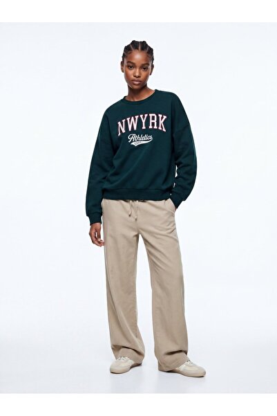 Ltb Relaxed Fit Letter Printed Crew Neck Green Sweatshirt