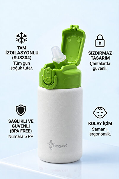 Penguen Çocuk Pipetli Çelik Suluk ve Matara 500 ml Sızdırmaz BPA Free SUS304 ...