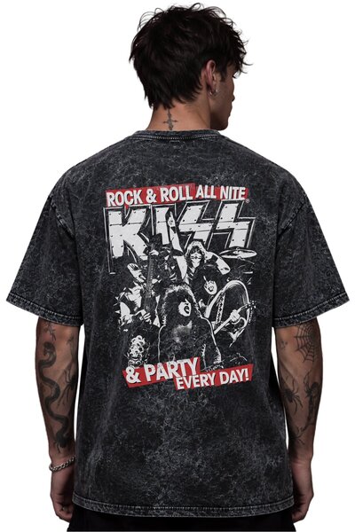 SEVBANO Kiss Rock Metal Music Band Printed Unisex Oversize Vintage Washed T-S...