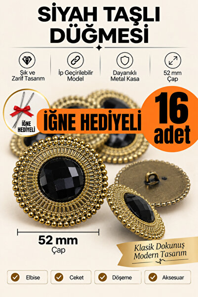 Minderra 16 Adet - İğne Hediyeli İpli - Siyah Elmas Taşlı 52 mm Koltuk Minder...