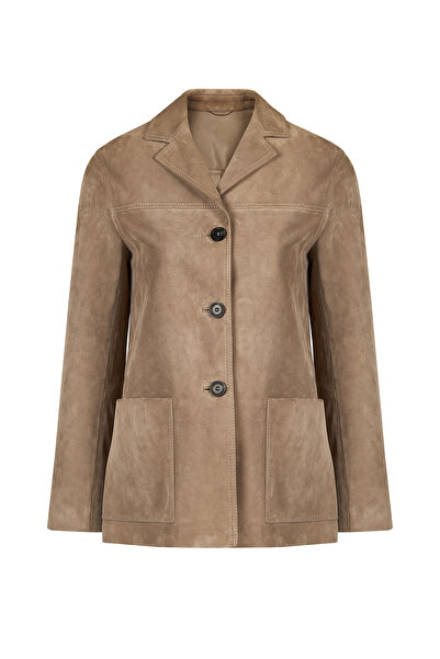 Derimod Luna Women's Beige Blazer Suede Leather Jacket 26Wgd570010