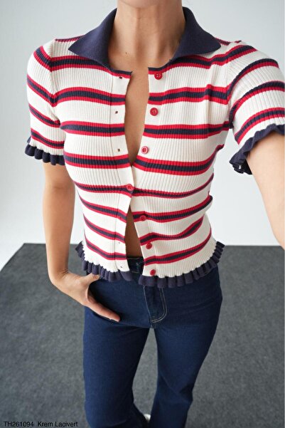 CADDELAMODA Collared Colorful Striped Ruffled Premium Soft Sweater