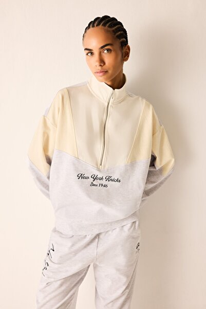 DeFacto Nba New York Knicks Oversize Half-Zip Block Panel Basic Sweatshirt H4...