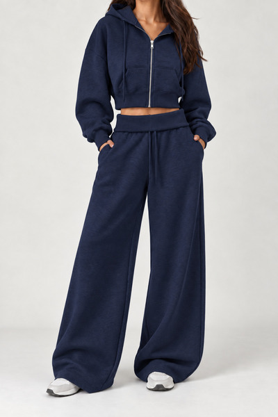 Sun Victoria Lacivert 3 Iplik Içi Şardonlu Kıvrık Bel Oversize Eşofman Altı