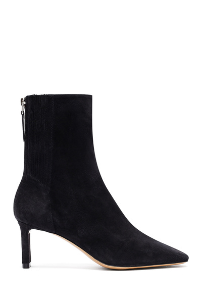 Derimod Women's Black Zippered Short Heeled Suede Leather Boots Af110008Ds