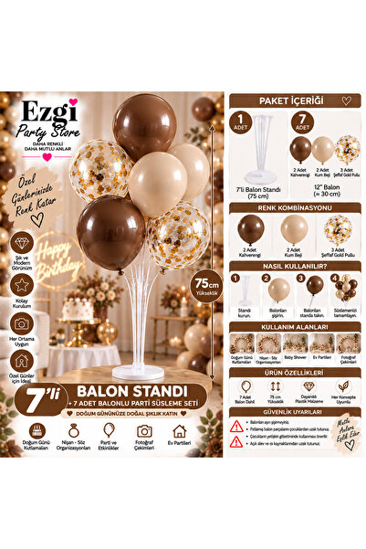 Ezgi Party Store 7'li Balon Standı 75 cm + 7 Adet Balon Kahverengi Kum Beji Ş...
