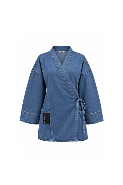 praye Yandan Bağlamalı Denim Ceket Açık Mavi