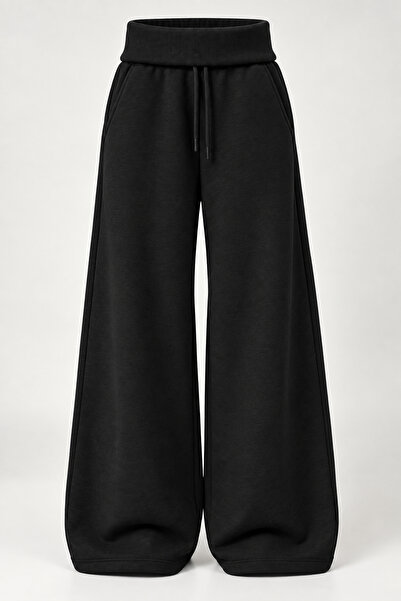 Sun Victoria Siyah 3 Iplik Içi Şardonlu Kıvrık Bel Oversize Eşofman Altı