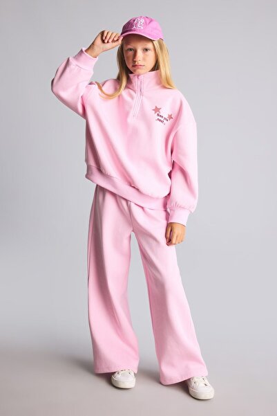 DeFacto Printed Half Zipper Sweatshirt Wide Leg Sweatpants 2-Piece Set Girls'...