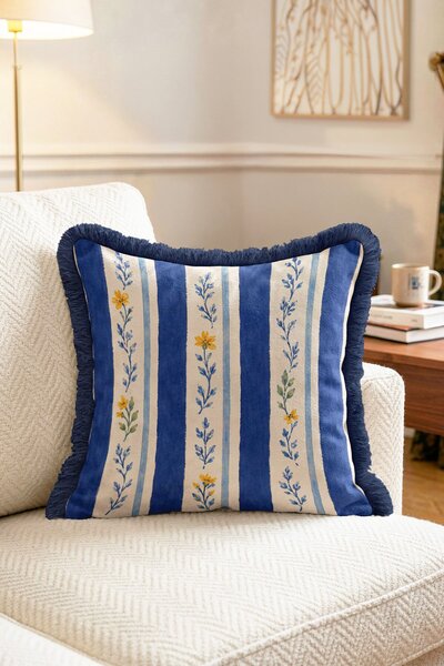 IdeCraft Blue Striped Yellow Wildflower Patterned Vintage Decorative Fringed ...