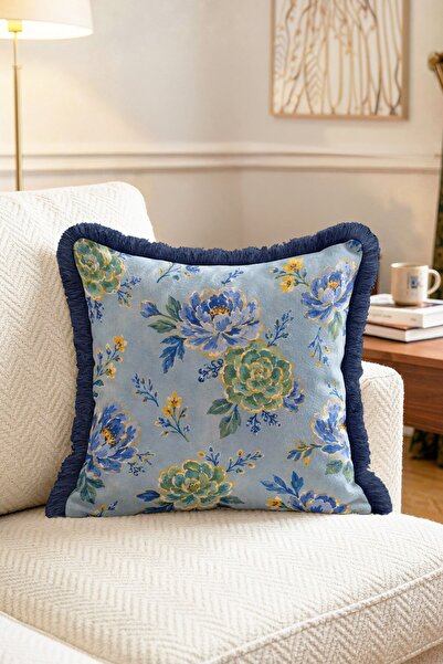 IdeCraft Light Blue Vintage Floral Pattern Botanical Peony Garden Fringed Thr...