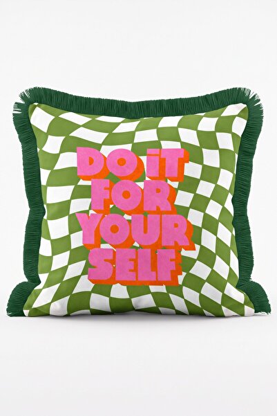 IdeCraft Do It For Yourself Yazılı Yeşil Beyaz Damalı Retro Saçaklı Kırlent K...