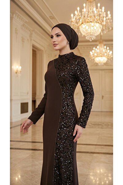 perfectmegastore Çınar Özkan Tek Yanı Payet Detaylı Abiye Elbise-5254