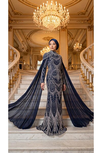 perfectmegastore New Elegans Pelerin Detaylı Tamamı Taşlı Abiye Elbise-2502