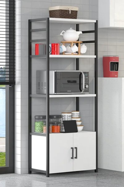 RUSTİKEVDECORART Dekoratif Çok Amaçlı Mutfak Standı 2 Kapaklı 4 Raflı Kahve K...