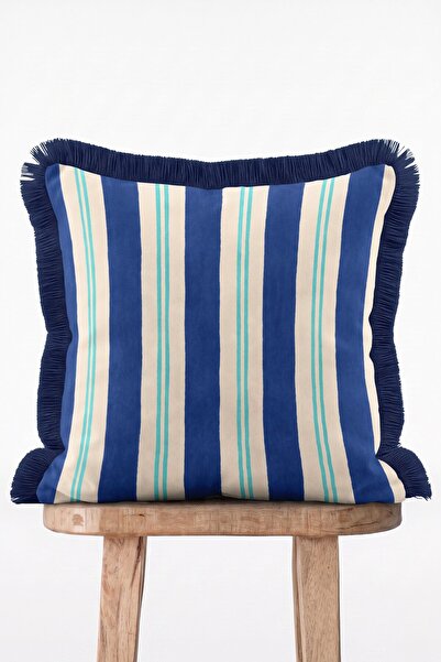 IdeCraft Blue Cream Striped Marine Patterned Decorative Fringed Throw Pillow ...