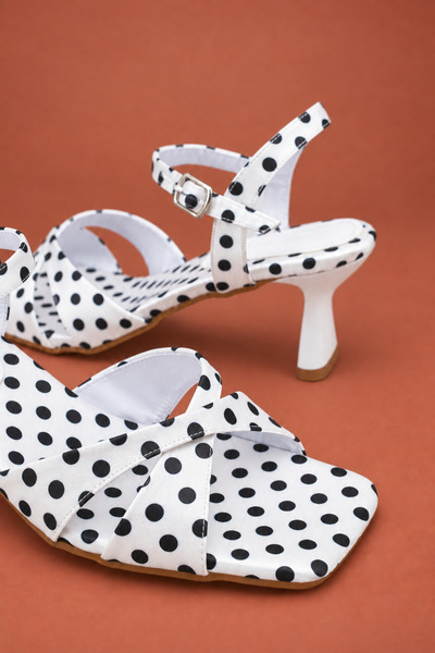 UNDERRATED Women's Satin Polka Dot Square Toe Ankle Strap Thick Heeled Sandals