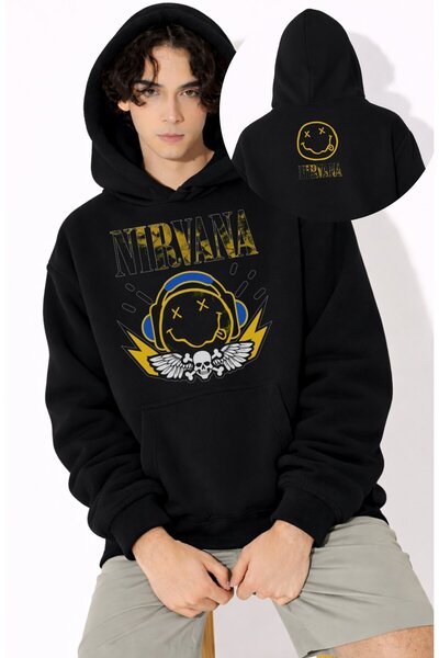 Fuddy Moda Unisex φούτερ με κουκούλα με στάμπα Nirvana, Oversize φούτερ με κο...