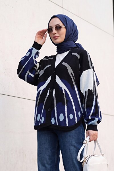 Modamorfo V-Neck Buttoned Patterned Bat Sleeve Double Plate Knitwear Cardigan...