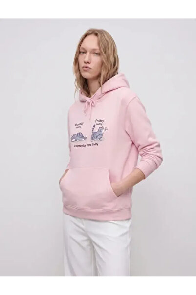 Koton Three Threaded Kangaroo Pocket Hooded Cat Print Sweatshirt