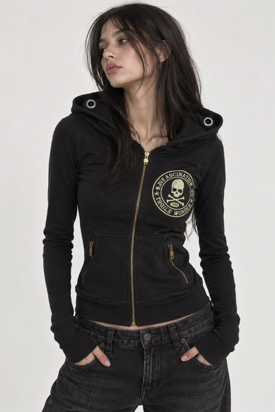 None Wear Siyah Fascination Skull Gotik Harajuku Y2K Kapüşonlu Crop Hırka