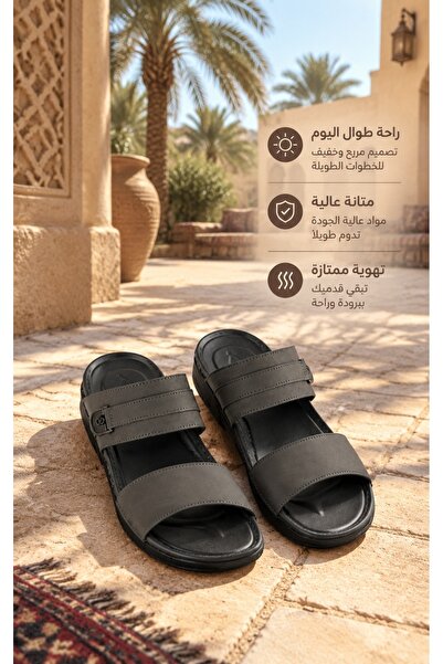 Generic Brand Men Open Toe Double Strap Slide Slippers Premium Leather Upper ...