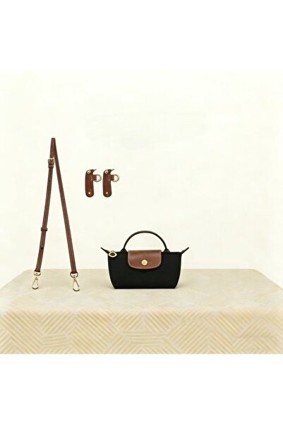 LONGINES Women Mini Dumpling Handbag, Black Nylon Top Handle Bag with Detacha...