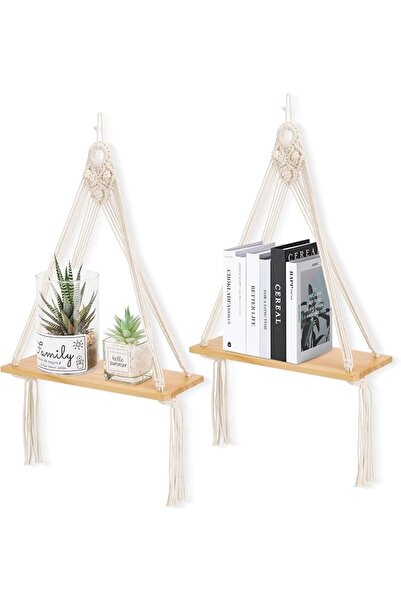 TERRIFI Macrame Wall Hanging Shelf Set of 2, Wooden Floating Hanging Shelves ...