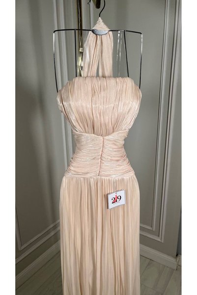 Boutique 219 فستان سهرة، بيج، بليسيه، درابيه، بدون حمالات، شيفون لمعه, أنيق