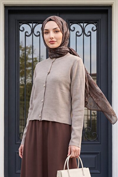 Modamorfo Buttoned Round Neck Knitwear Cardigan -Mink
