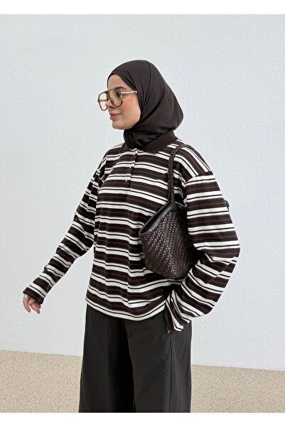 MODA AKSA 5138 POLO YAKA CİZGİLİ BLUZ KAHVERENGİ