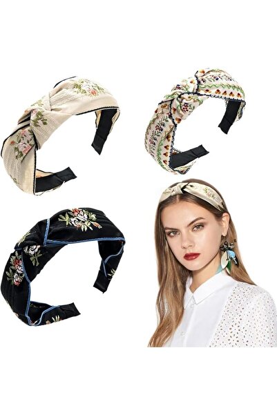 GENERAL Boho Knotted Headbands, 3-Piece Floral Embroidered Hair Bands for Women
