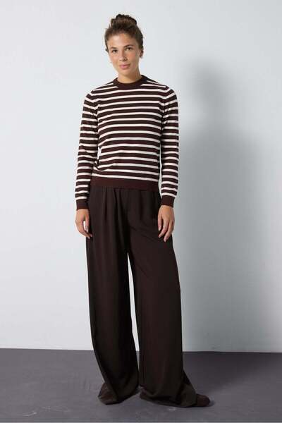 mina aise Women's Ecru - Brown Striped Flexible Premium Knitwear Sweater 7050