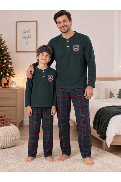 Fil Kids Baba-Oğul Erkek Çocuk Pamuklu Uyku Bantlı Ekose Desenli Yeşil Renk K...