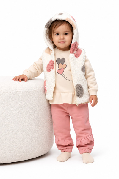 LİLİYUM Baby Girl 3-Piece Heart Set with Plush Vest, Heart Patterned Sweatshi...