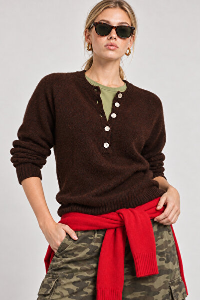 Lovelyİstanbul Wool Blend Buttoned Knit Sweater Lki̇0057 Brown