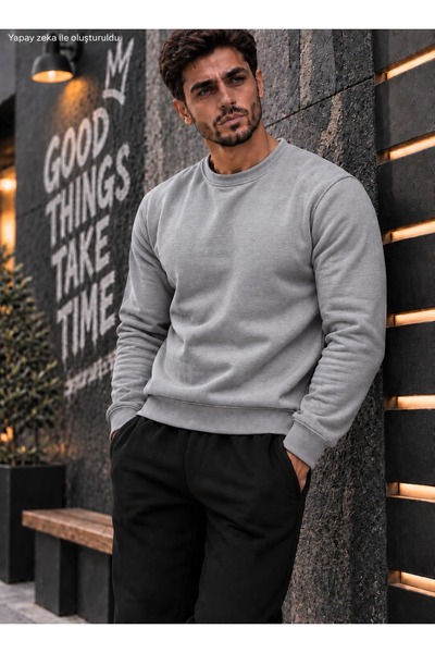 caddekombin Men's Sweatshirt Plain Patternless Crew Neck Cotton Basic Knitted...